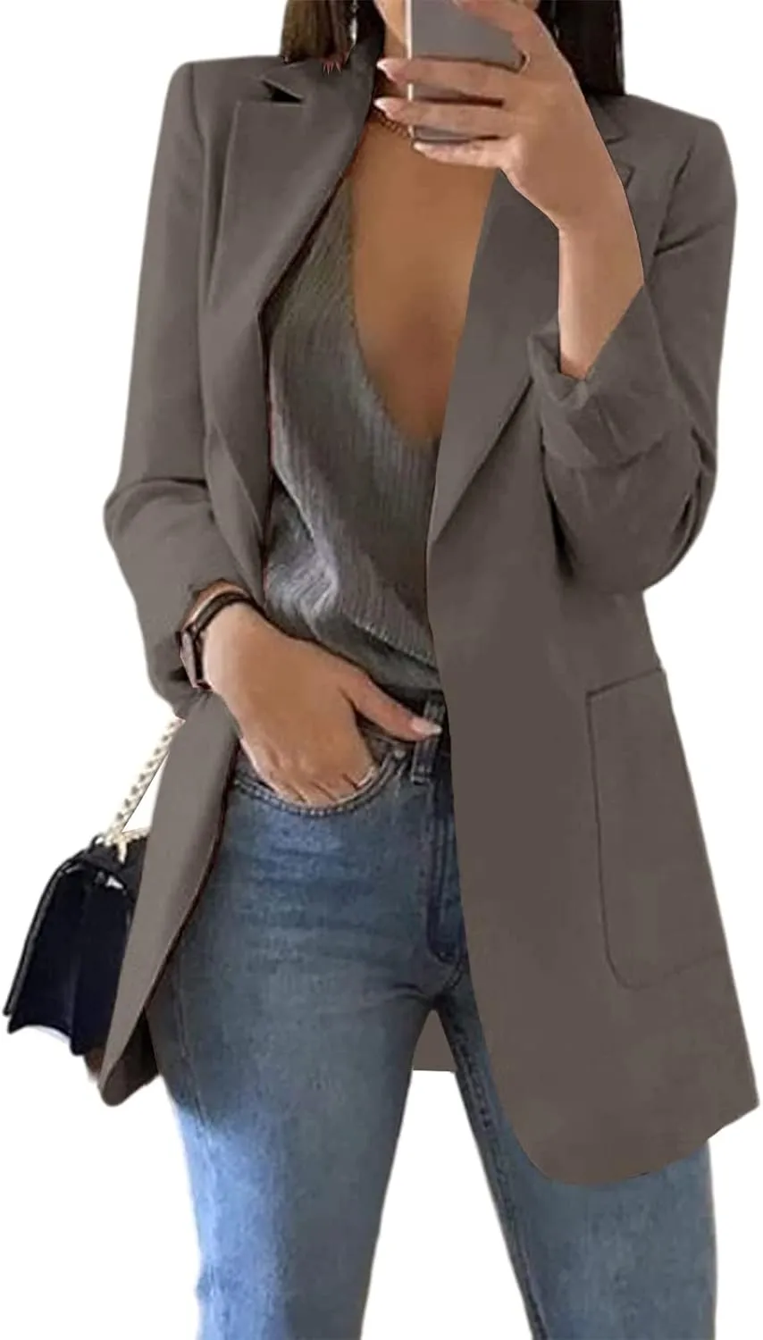 Cnkwei Womens Casual Blazers Open Front Long Sleeve Lapel Collar Work Office Jacket