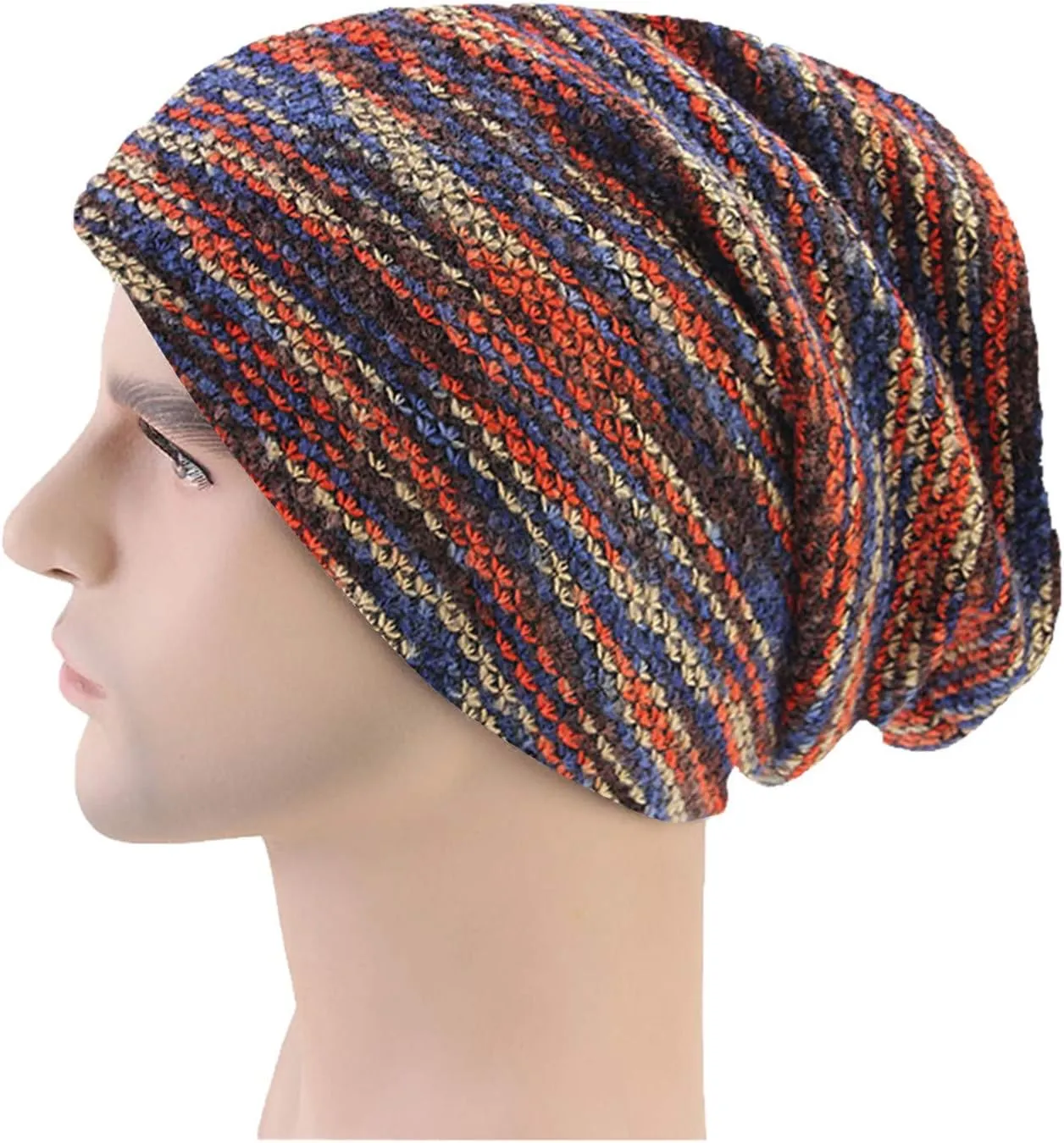 Colorful Stripe Print Scarf Beanie Caps Unisex Winter Knitted Stretchy Chemo Scarf Head Wrap for Men Women Trend Hats