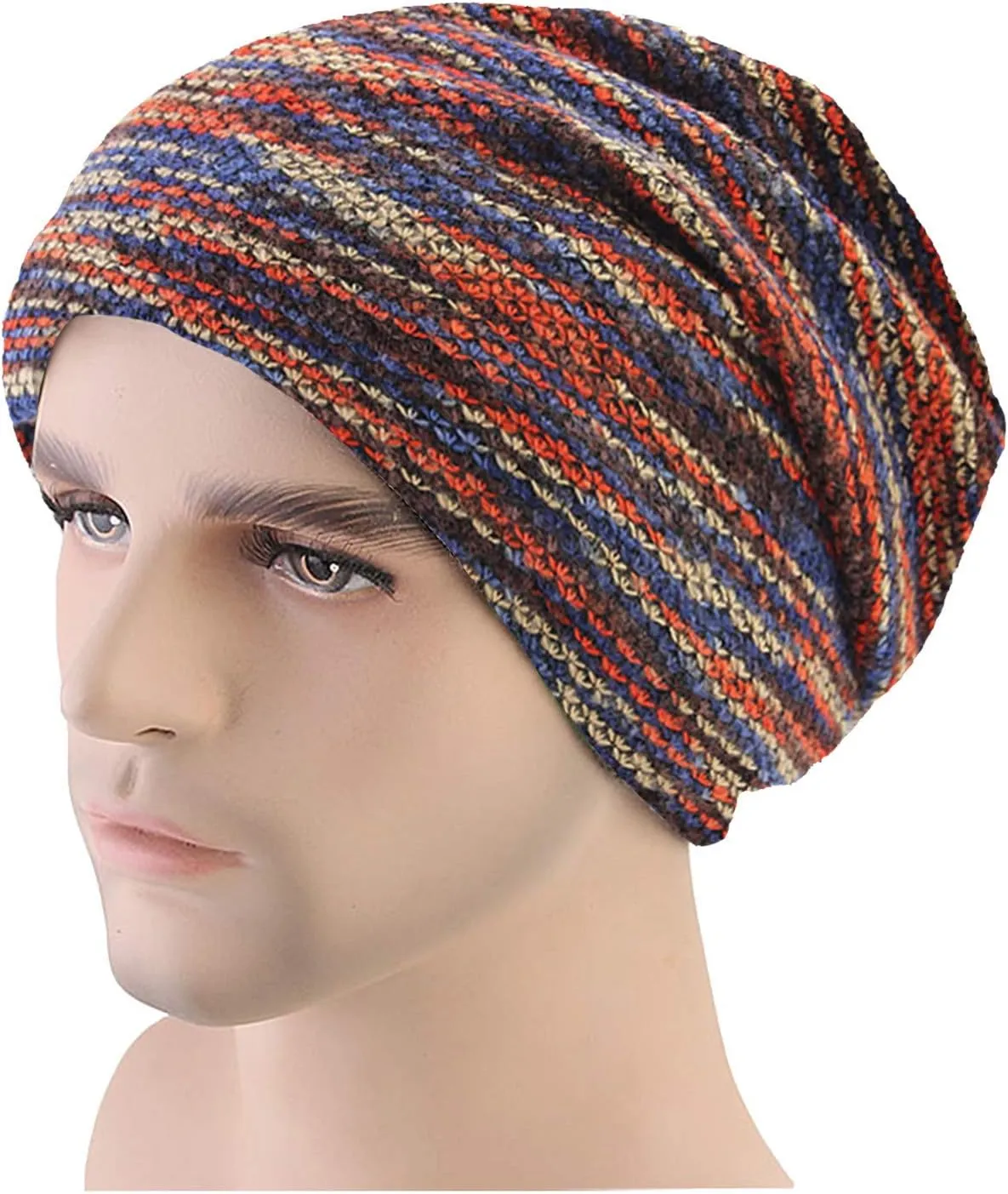 Colorful Stripe Print Scarf Beanie Caps Unisex Winter Knitted Stretchy Chemo Scarf Head Wrap for Men Women Trend Hats
