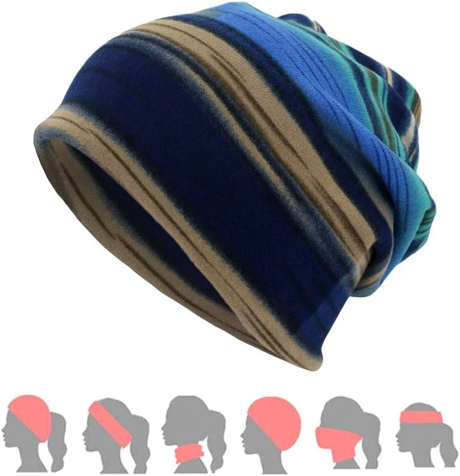 Colorful Stripe Print Scarf Beanie Caps Unisex Winter Knitted Stretchy Chemo Scarf Head Wrap for Men Women Trend Hats