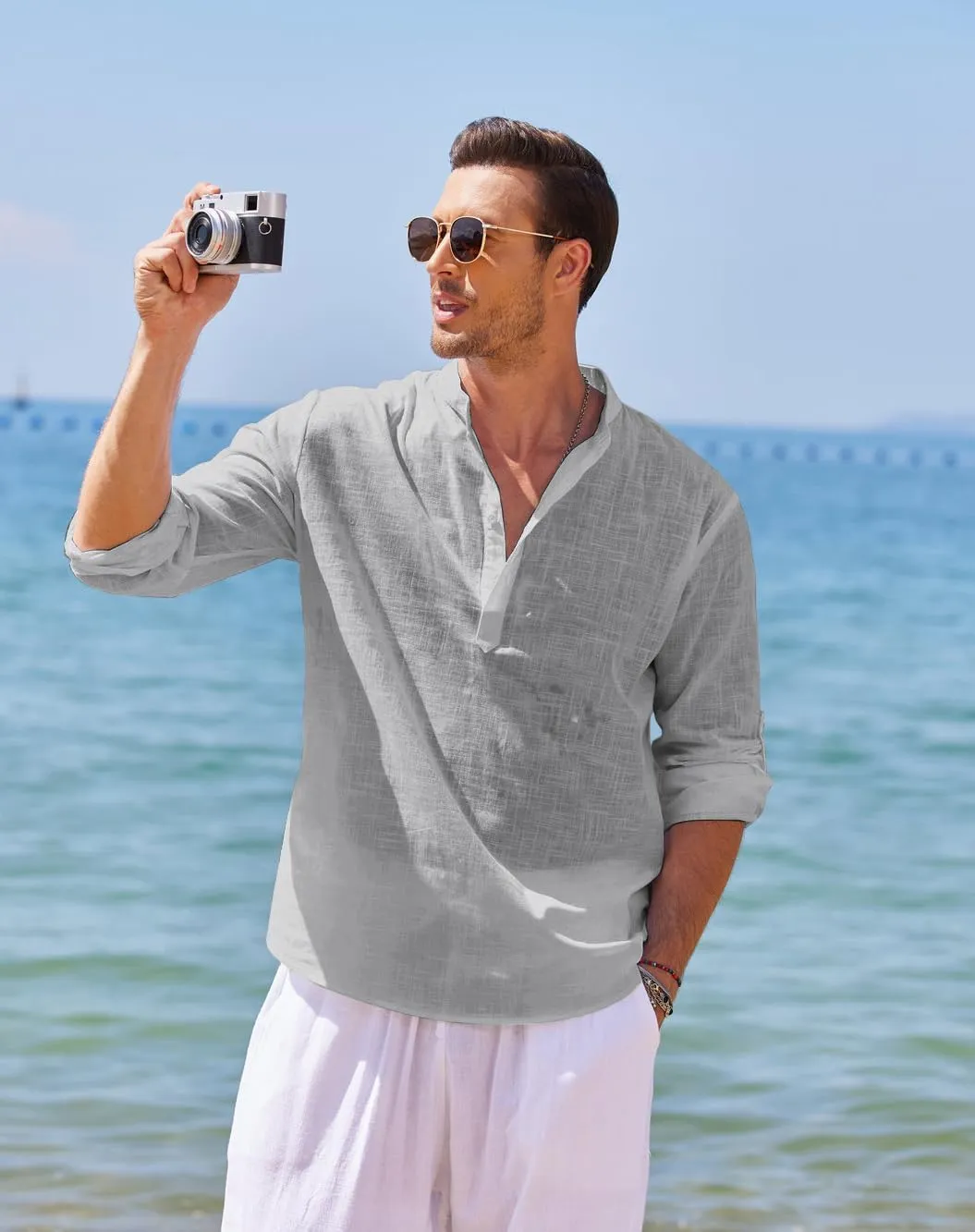 COOFANDY Men's Cotton Linen Henley T-Shirts Long Sleeve Hippie Casual Beach T-Shirts