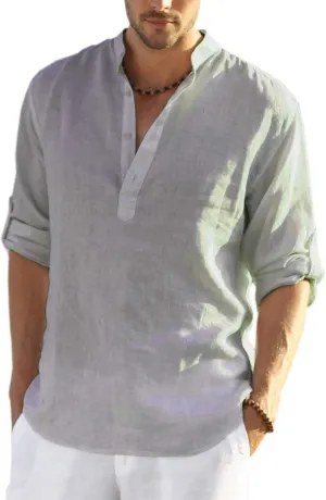 COOFANDY Men's Cotton Linen Henley T-Shirts Long Sleeve Hippie Casual Beach T-Shirts