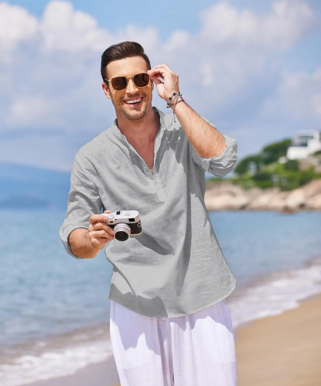 COOFANDY Men's Cotton Linen Henley T-Shirts Long Sleeve Hippie Casual Beach T-Shirts