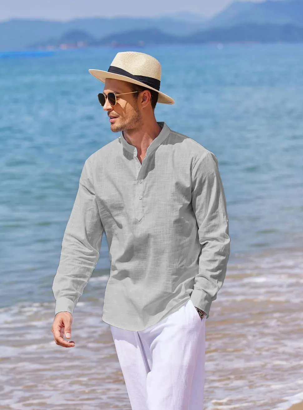 COOFANDY Men's Cotton Linen Henley T-Shirts Long Sleeve Hippie Casual Beach T-Shirts