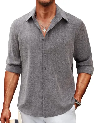 COOFANDY Men's Linen Long Sleeve Button Down Casual Untucked Dress Shirts No Tuck Chambray Slim Fit Shirts, Grey, Small