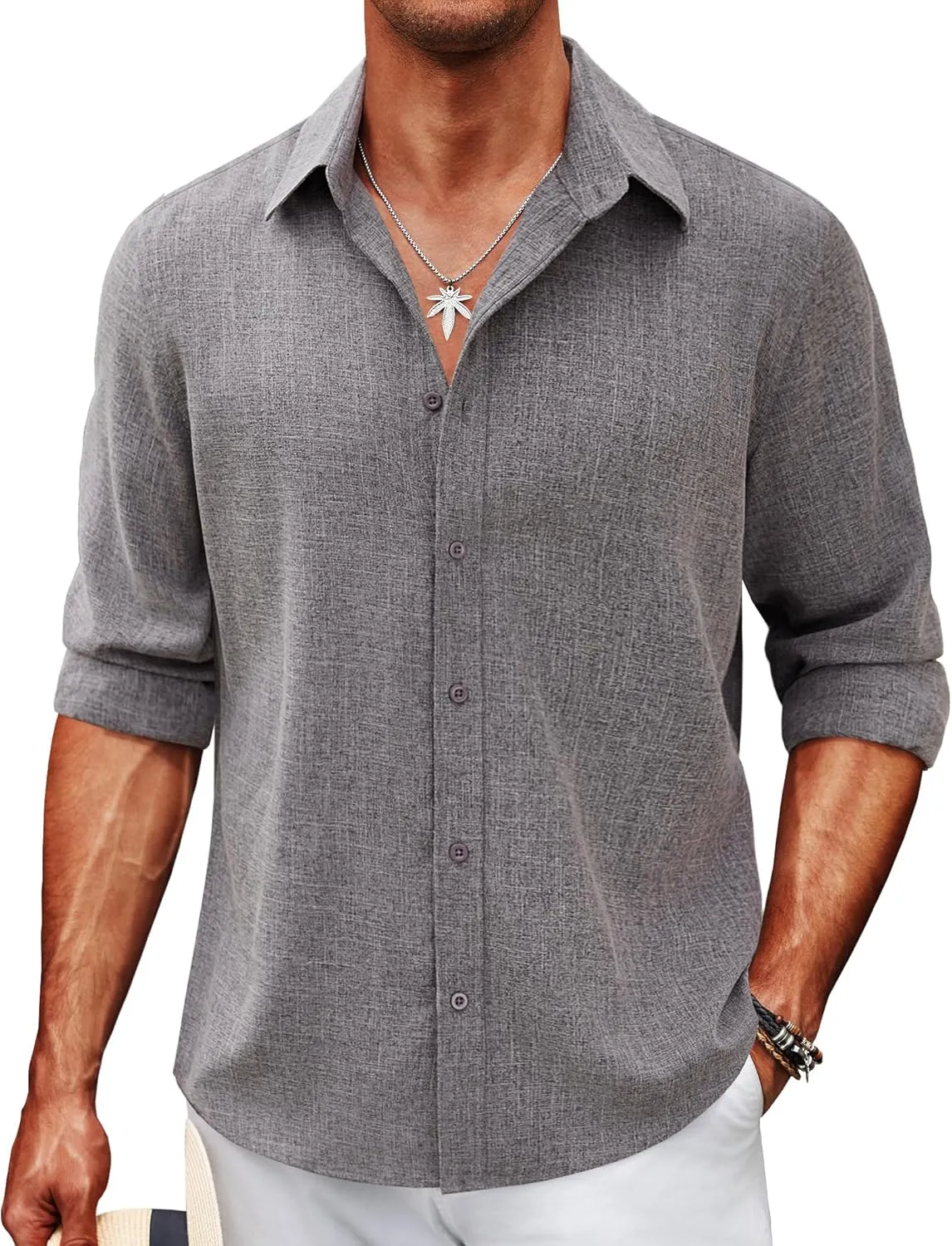 COOFANDY Men's Linen Long Sleeve Button Down Casual Untucked Dress Shirts No Tuck Chambray Slim Fit Shirts, Grey, Small