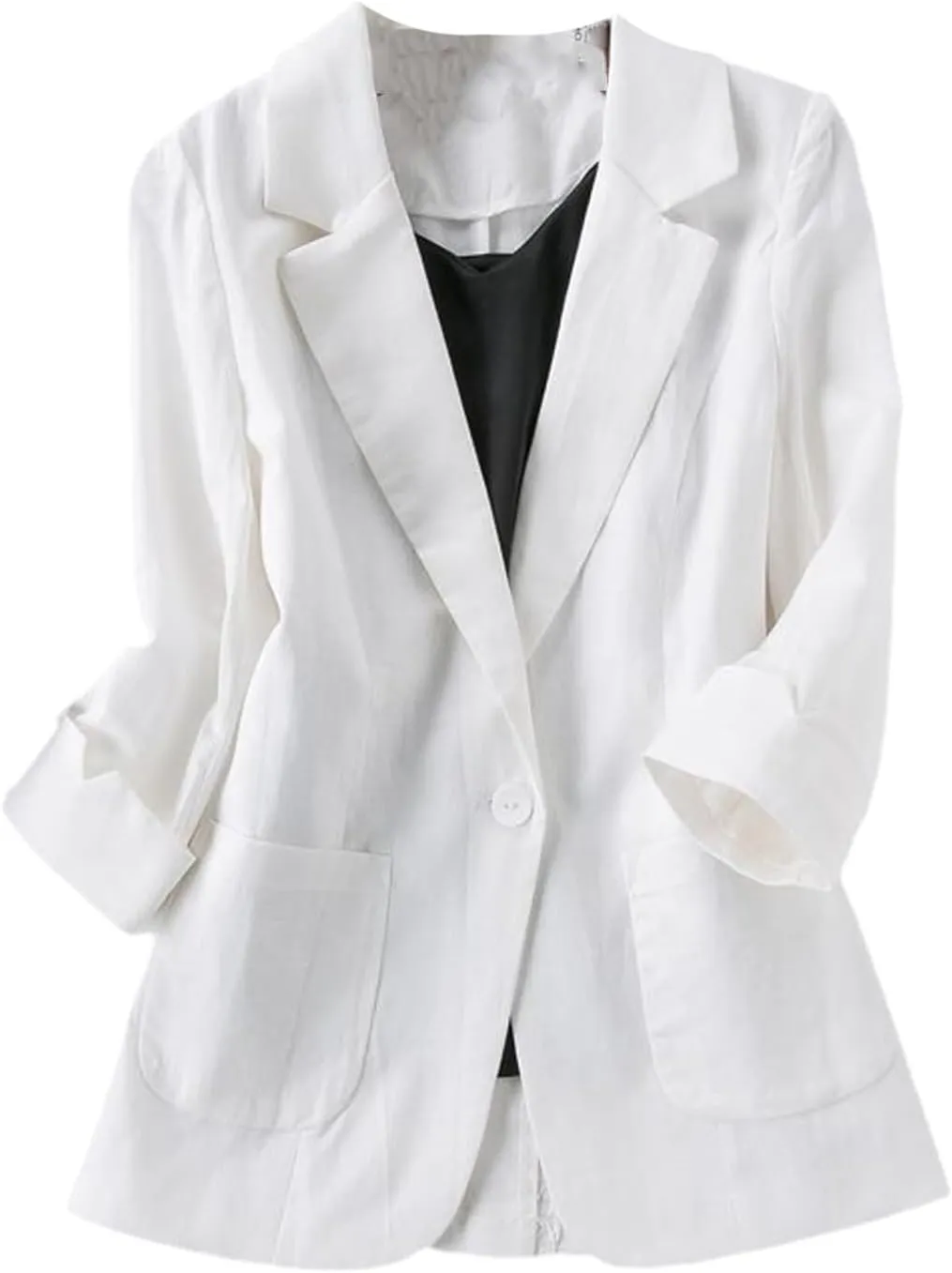 Cotton Linen Blazer Jacket Women Summer Outwear Solid Single Button Notched Blazer Suits Three Quarter Sleeve Top