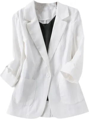 Cotton Linen Blazer Jacket Women Summer Outwear Solid Single Button Notched Blazer Suits Three Quarter Sleeve Top