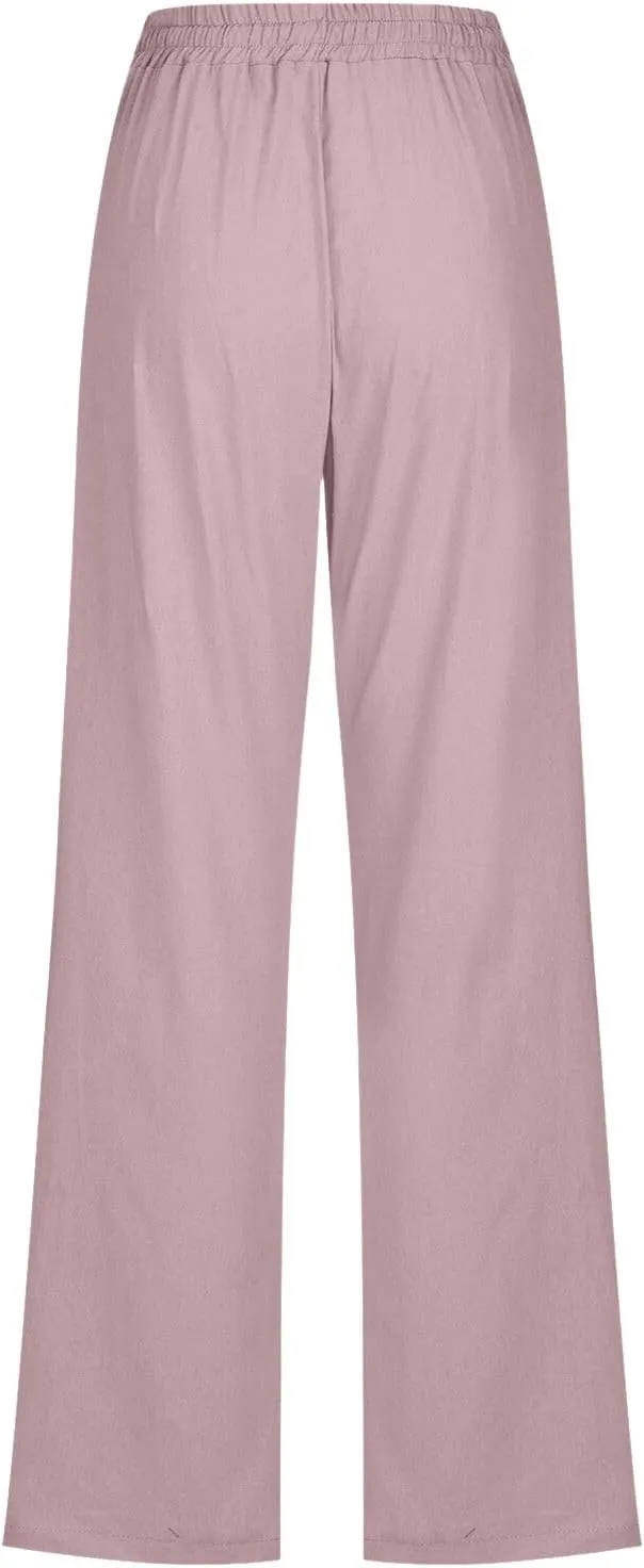 Cotton Linen Pants for Women Elastic High Waisted Drawstring Straight Leg Trousers Casual Fitted Comfy 2025 Summer Pants