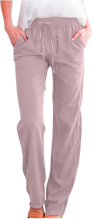 Cotton Linen Pants for Women Elastic High Waisted Drawstring Straight Leg Trousers Casual Fitted Comfy 2025 Summer Pants