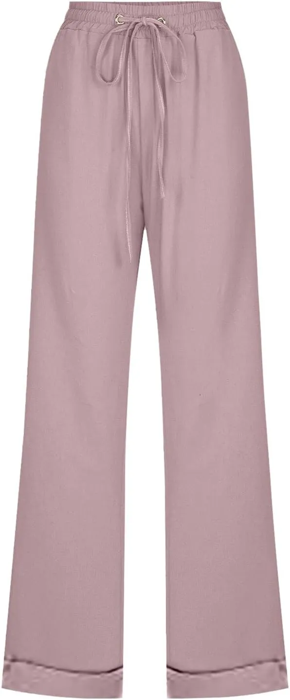 Cotton Linen Pants for Women Elastic High Waisted Drawstring Straight Leg Trousers Casual Fitted Comfy 2025 Summer Pants