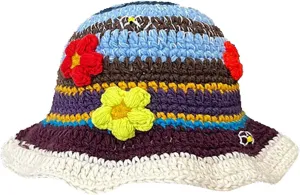 Crochet Bucket Hat for Women Handmade Knit Cutout Floral Buckets Knit Cap Handmade Foldable Floppy Beach Hat