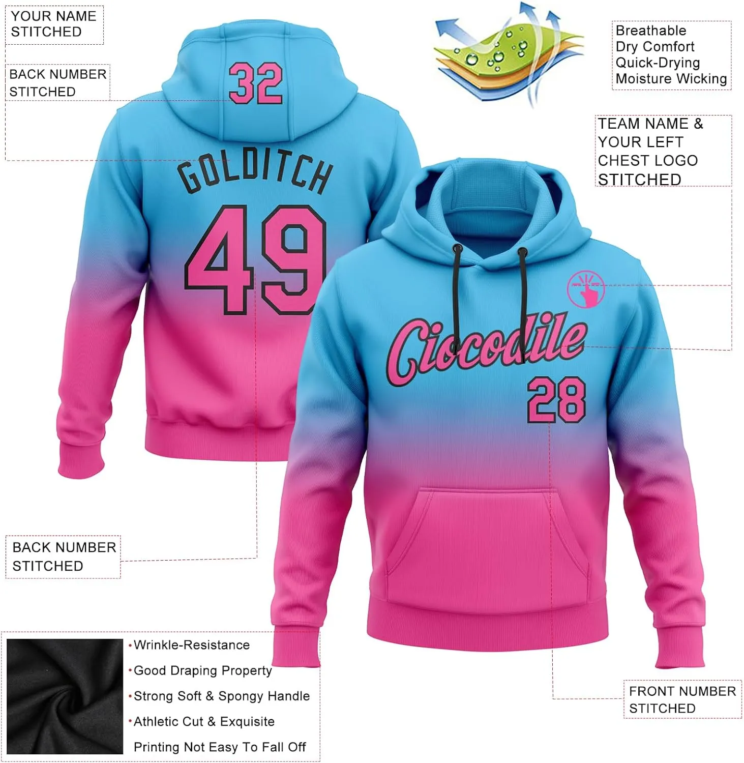 Custom Gradient Baseball Hoodie Personalized Pullover Sweatshirt Stitched Name Number Logo for Men Women Youth Kids