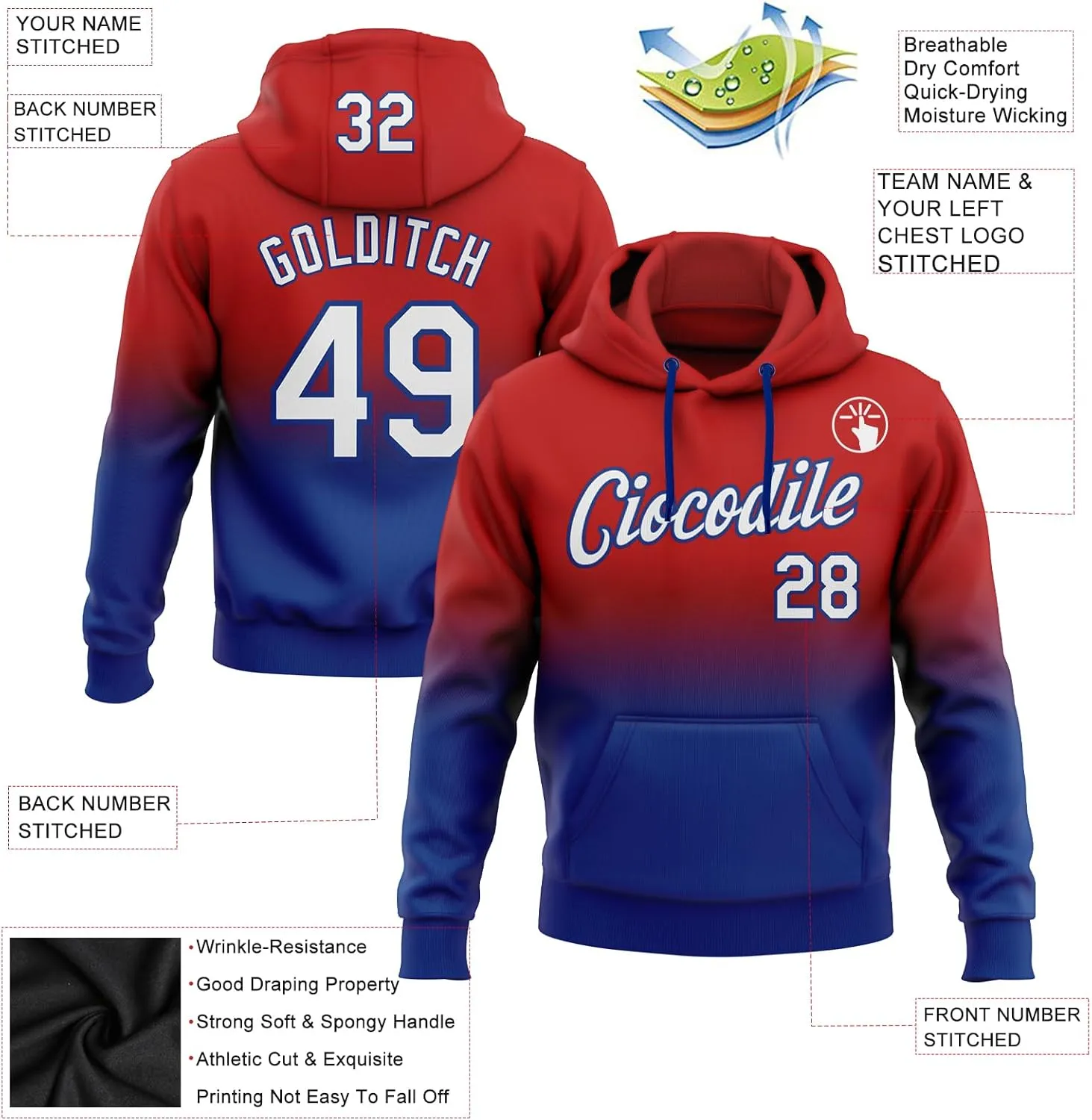 Custom Gradient Baseball Hoodie Personalized Pullover Sweatshirt Stitched Name Number Logo for Men Women Youth Kids
