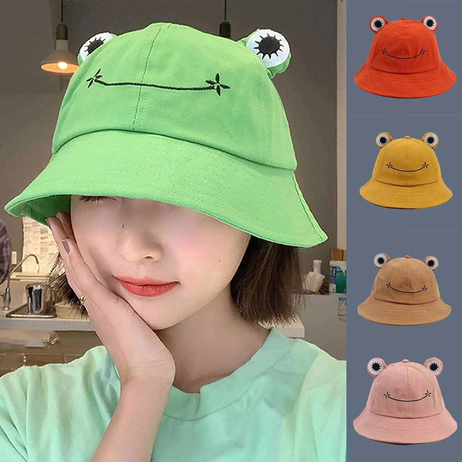 Cute Frog Bucket Hat Adults Cotton Bucket Hat Summer Hat Sun Protection Cap Fisherman Beach Festival Sun Hat
