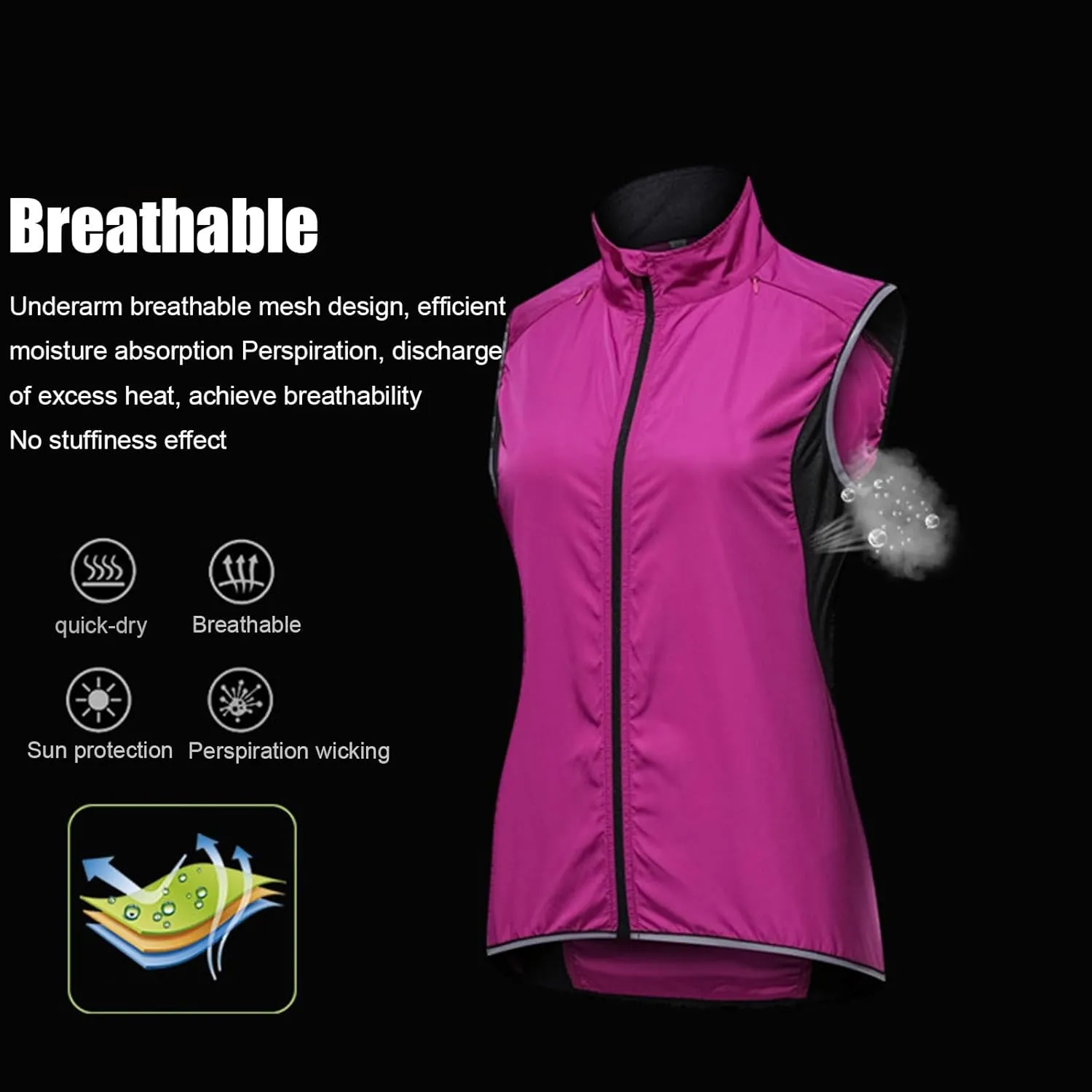 Cycling Jackets Windproof for Womens，Breathable and Reflective Lightweight Packable Sleeveless Windbreakers