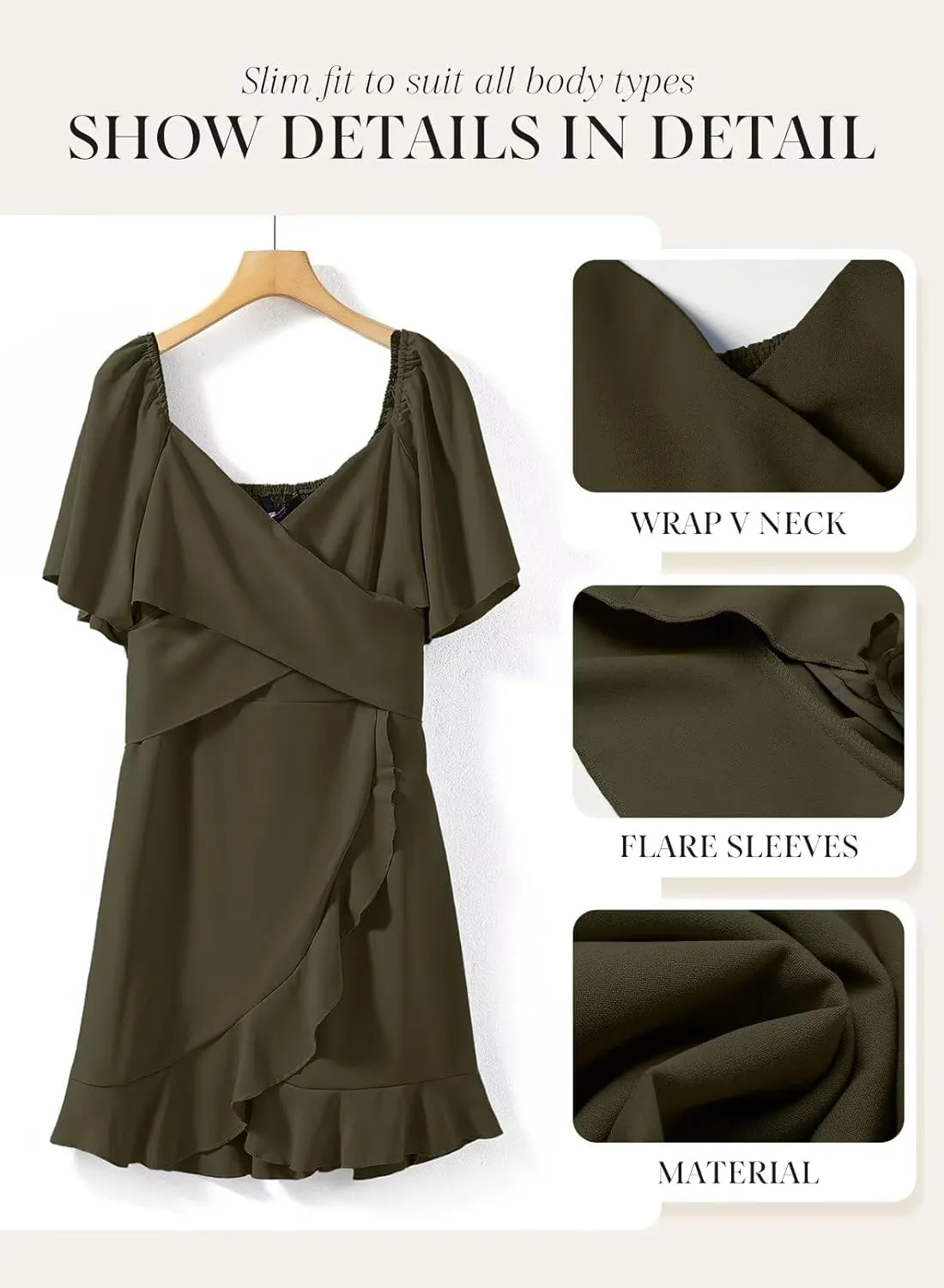 Dokotoo Women's Wrap V Neck Short Flared Sleeve Wedding Guest Dress Smocked Elastic Waist Tiered Belted Ruffle Hem Mini Dress