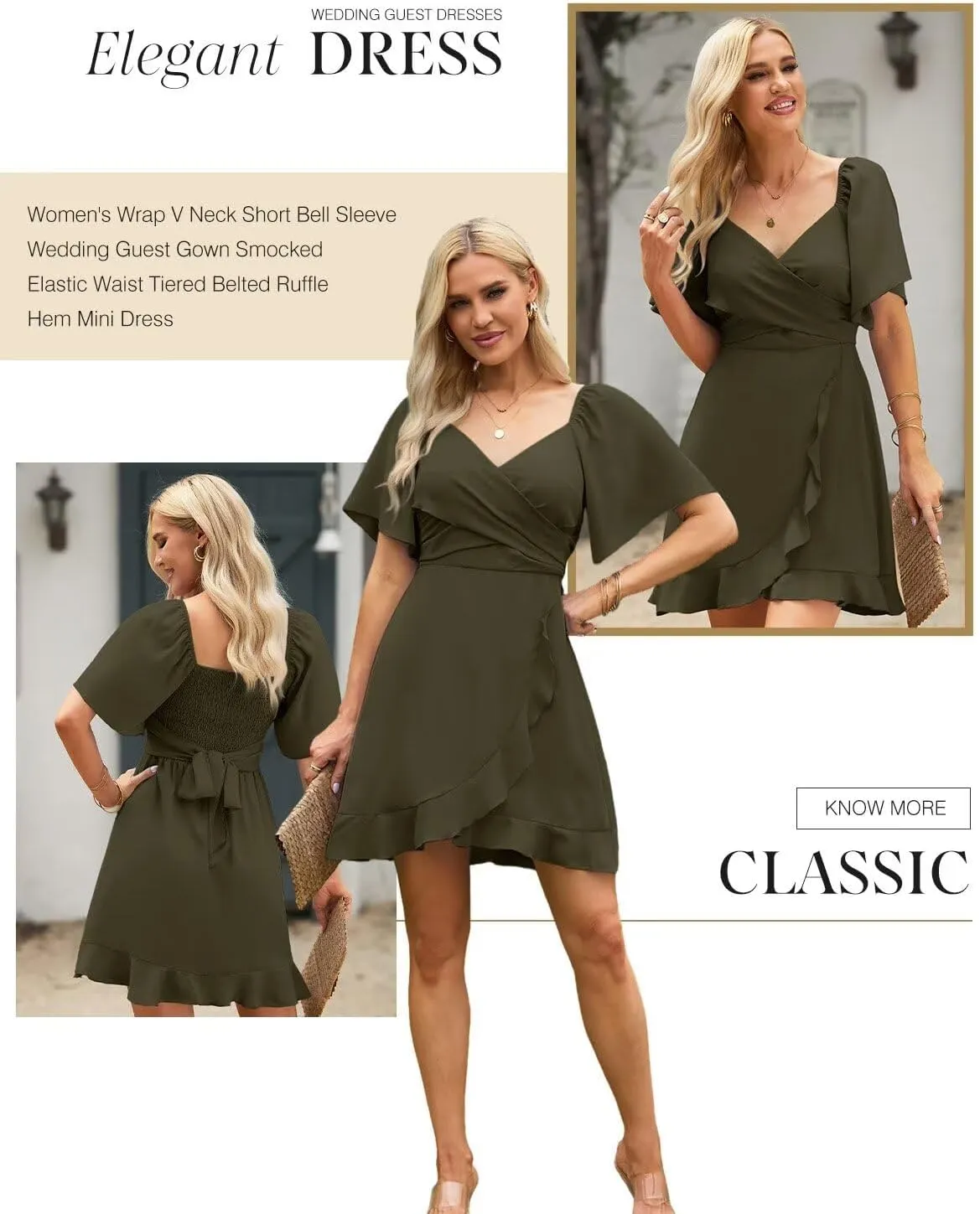 Dokotoo Women's Wrap V Neck Short Flared Sleeve Wedding Guest Dress Smocked Elastic Waist Tiered Belted Ruffle Hem Mini Dress