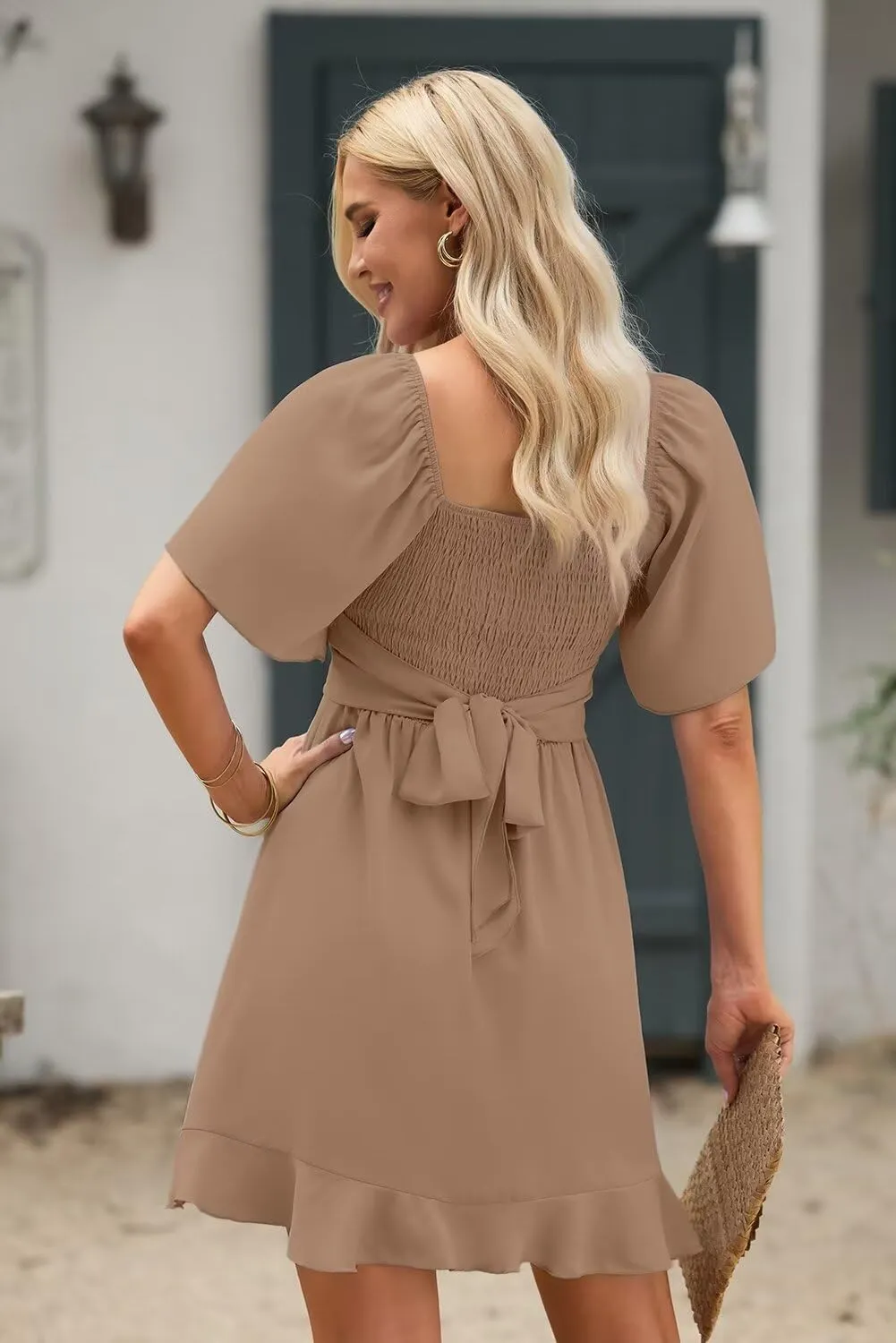 Dokotoo Women's Wrap V Neck Short Flared Sleeve Wedding Guest Dress Smocked Elastic Waist Tiered Belted Ruffle Hem Mini Dress