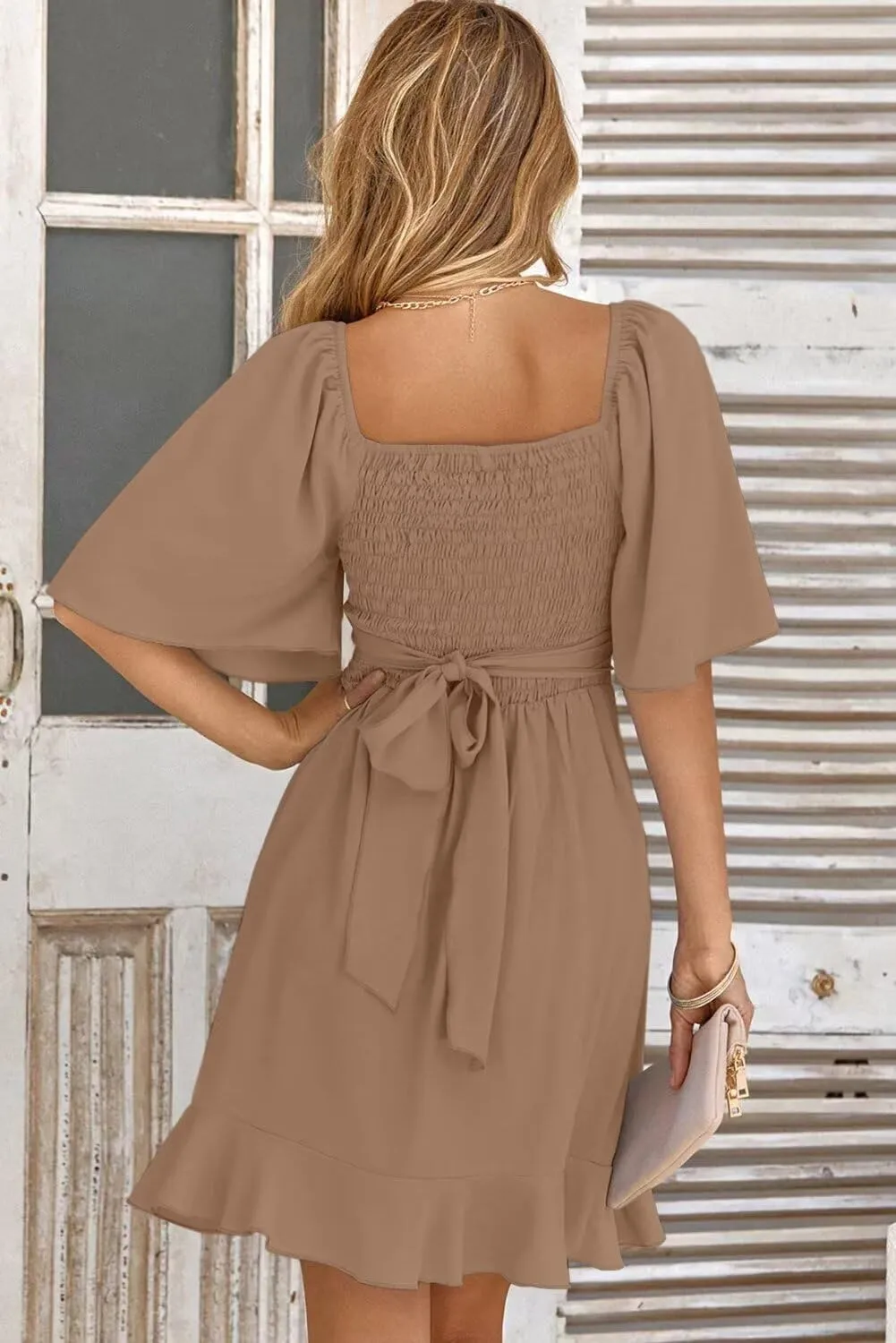 Dokotoo Women's Wrap V Neck Short Flared Sleeve Wedding Guest Dress Smocked Elastic Waist Tiered Belted Ruffle Hem Mini Dress