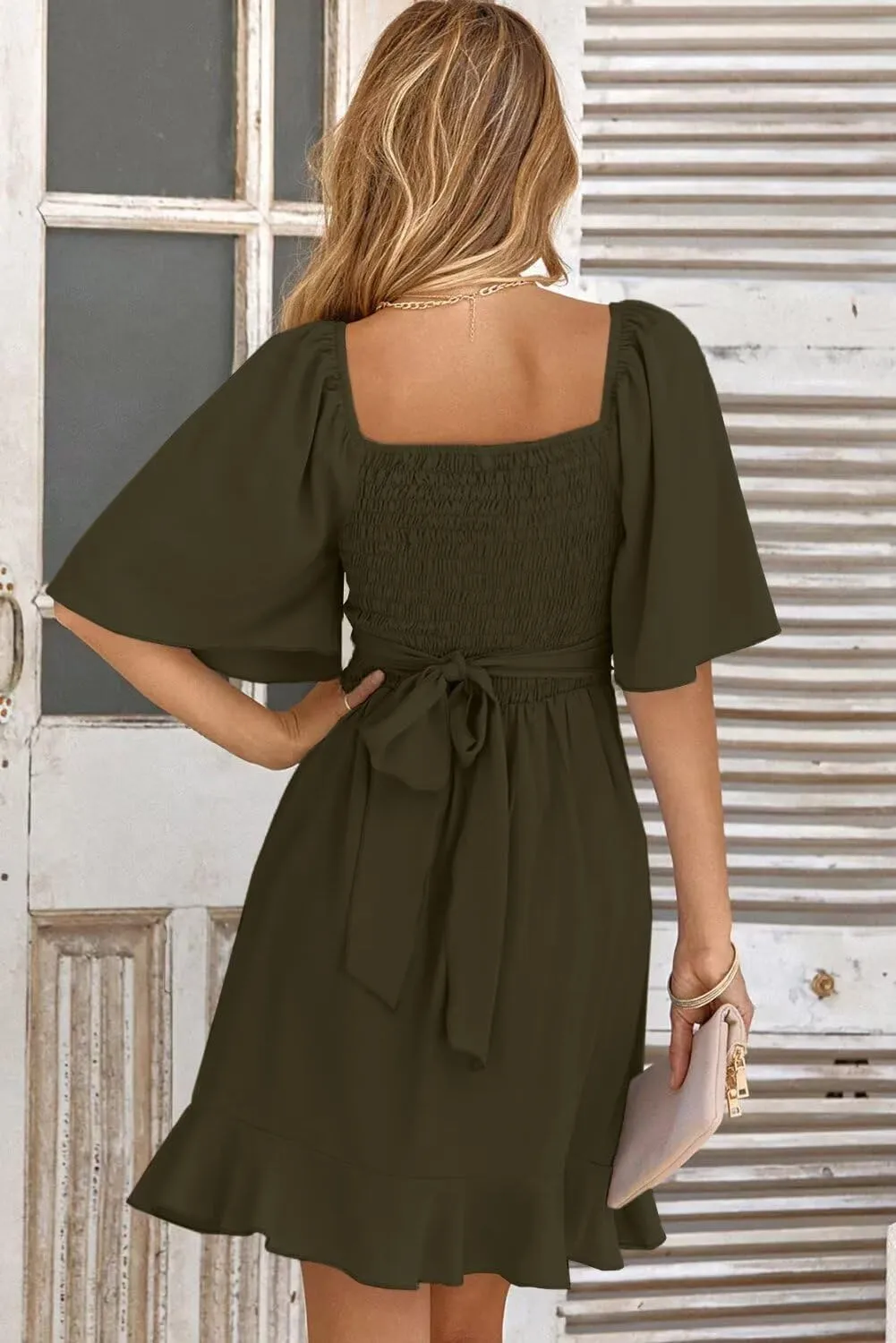Dokotoo Women's Wrap V Neck Short Flared Sleeve Wedding Guest Dress Smocked Elastic Waist Tiered Belted Ruffle Hem Mini Dress