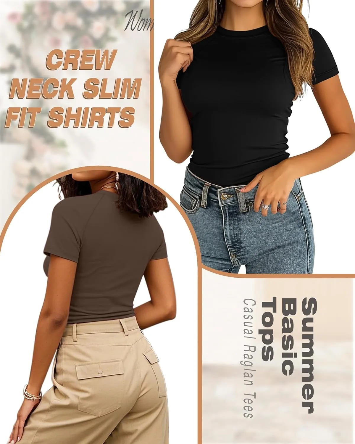 Ficerd 3 Pack Women's Slim Fit Shirts, Cotton T Shirts Crew Neck Short Sleeve Casual Raglan Tees Summer Basic Solid Tops 2025