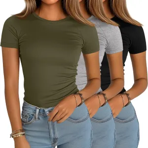 Ficerd 3 Pack Women's Slim Fit Shirts, Cotton T Shirts Crew Neck Short Sleeve Casual Raglan Tees Summer Basic Solid Tops 2025