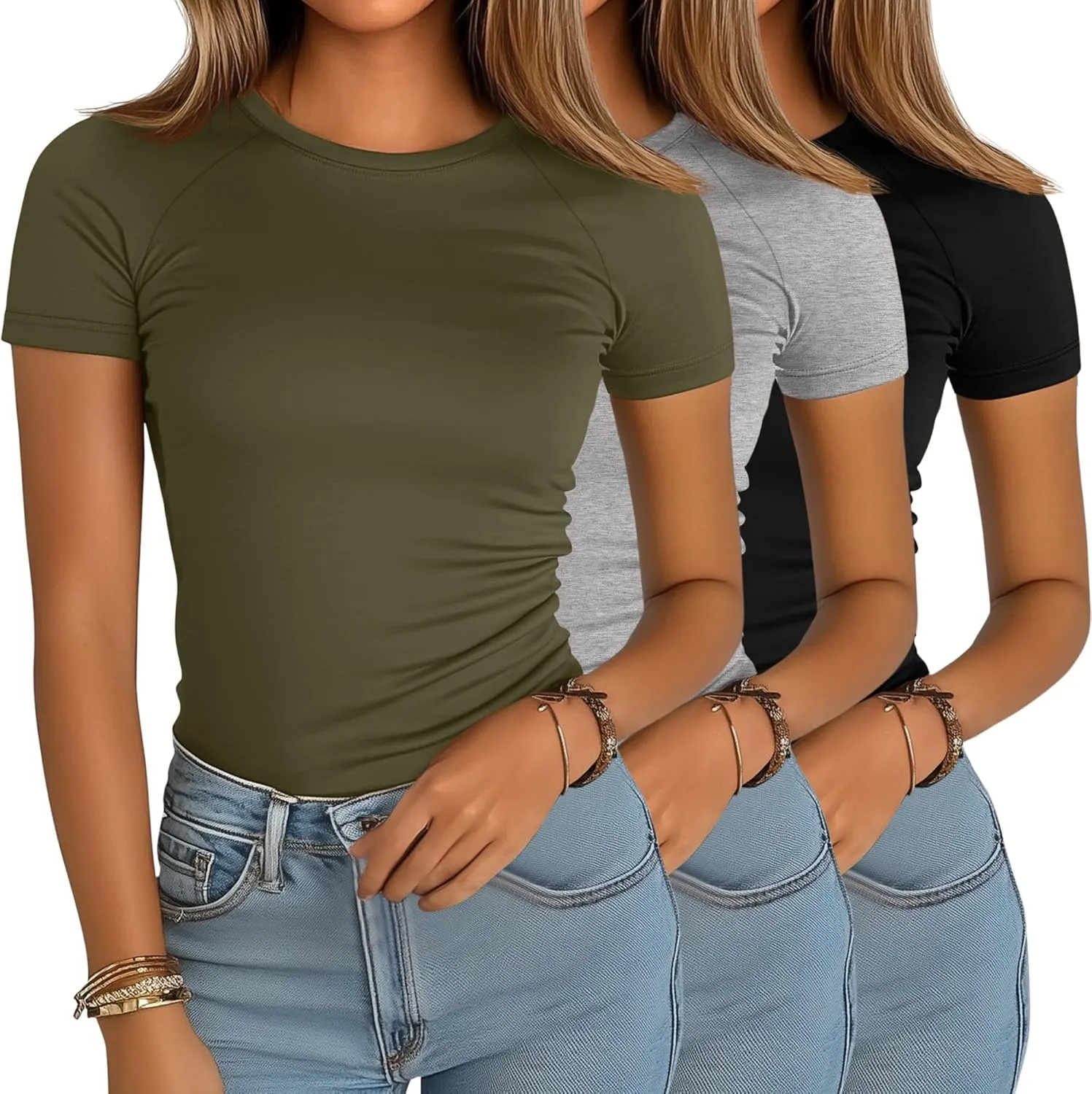 Ficerd 3 Pack Women's Slim Fit Shirts, Cotton T Shirts Crew Neck Short Sleeve Casual Raglan Tees Summer Basic Solid Tops 2025