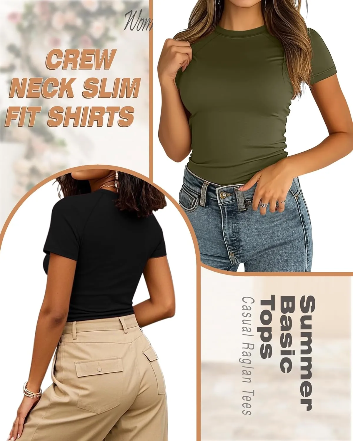 Ficerd 3 Pack Women's Slim Fit Shirts, Cotton T Shirts Crew Neck Short Sleeve Casual Raglan Tees Summer Basic Solid Tops 2025