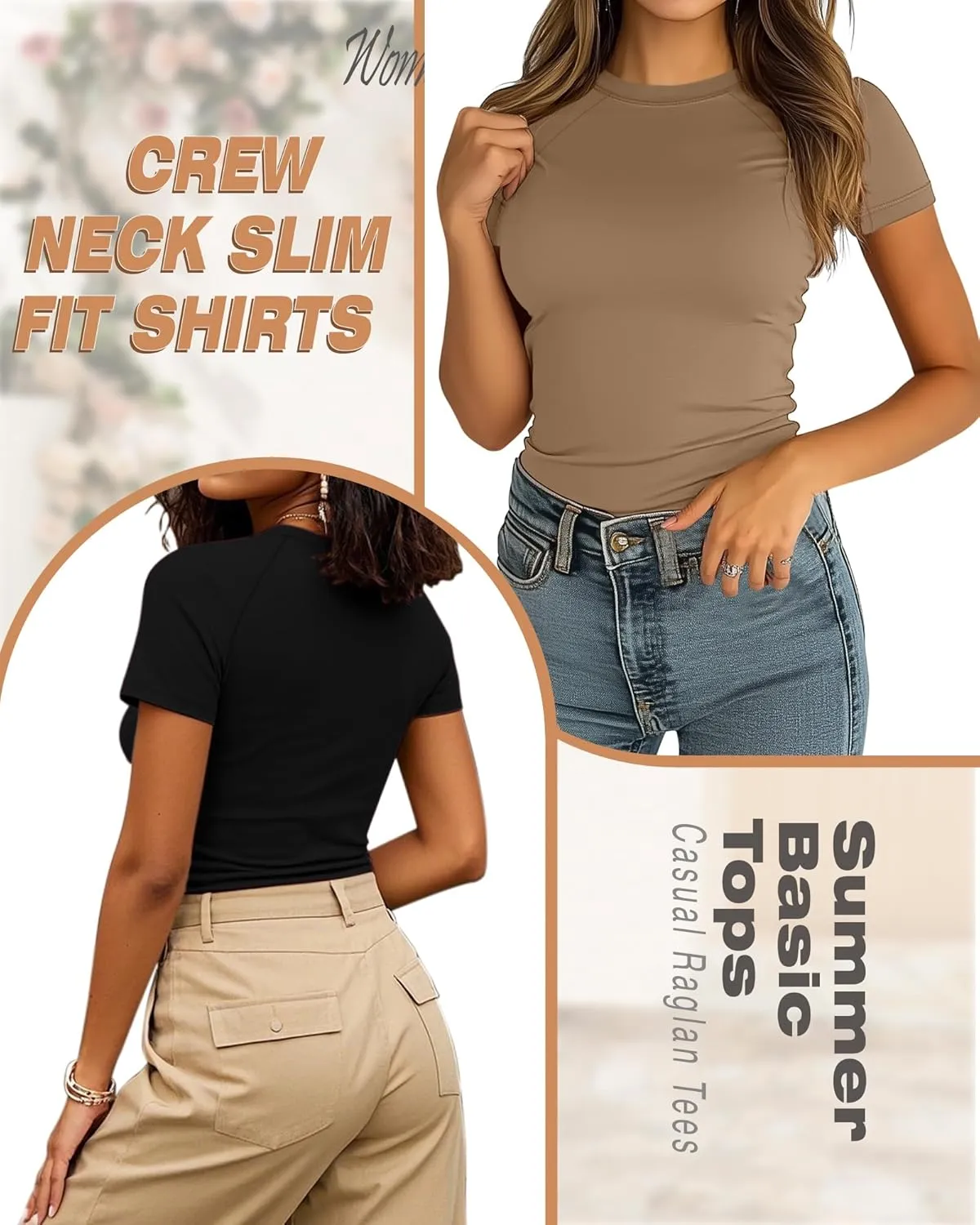 Ficerd 3 Pack Women's Slim Fit Shirts, Cotton T Shirts Crew Neck Short Sleeve Casual Raglan Tees Summer Basic Solid Tops 2025