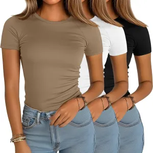 Ficerd 3 Pack Women's Slim Fit Shirts, Cotton T Shirts Crew Neck Short Sleeve Casual Raglan Tees Summer Basic Solid Tops 2025
