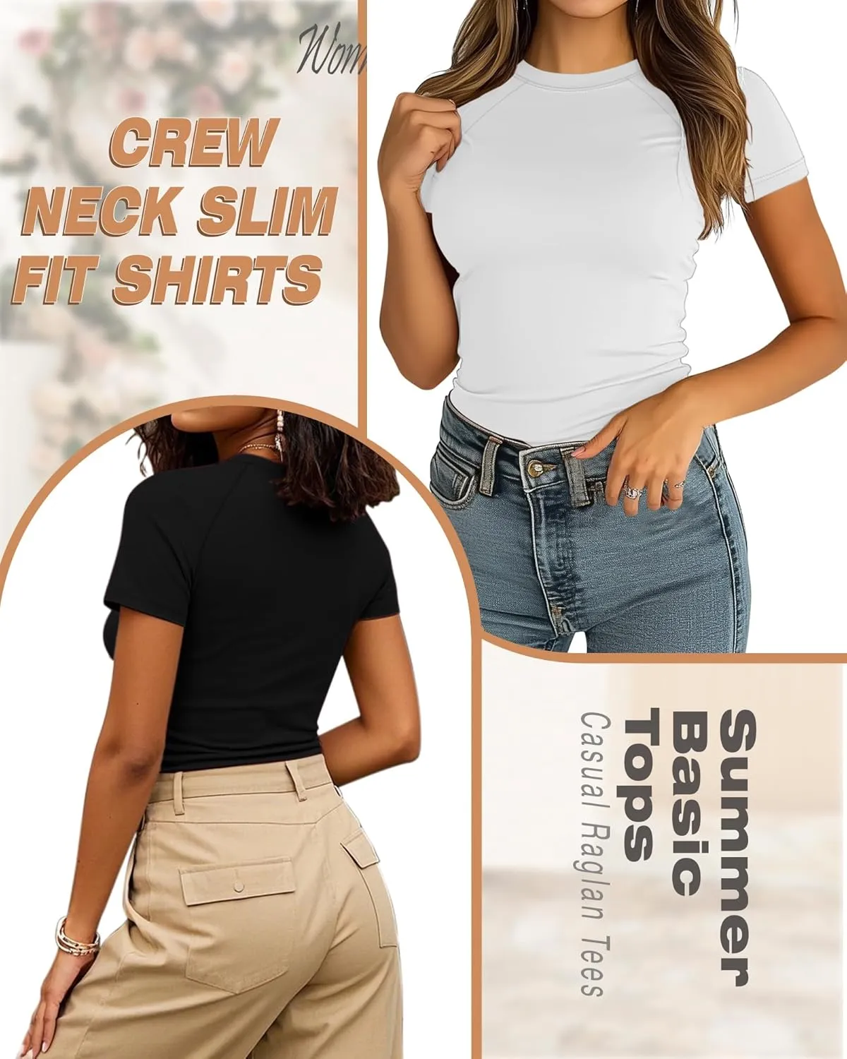 Ficerd 3 Pack Women's Slim Fit Shirts, Cotton T Shirts Crew Neck Short Sleeve Casual Raglan Tees Summer Basic Solid Tops 2025