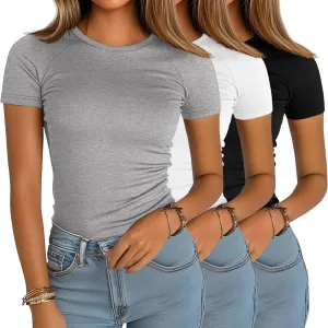 Ficerd 3 Pack Women's Slim Fit Shirts, Cotton T Shirts Crew Neck Short Sleeve Casual Raglan Tees Summer Basic Solid Tops 2025