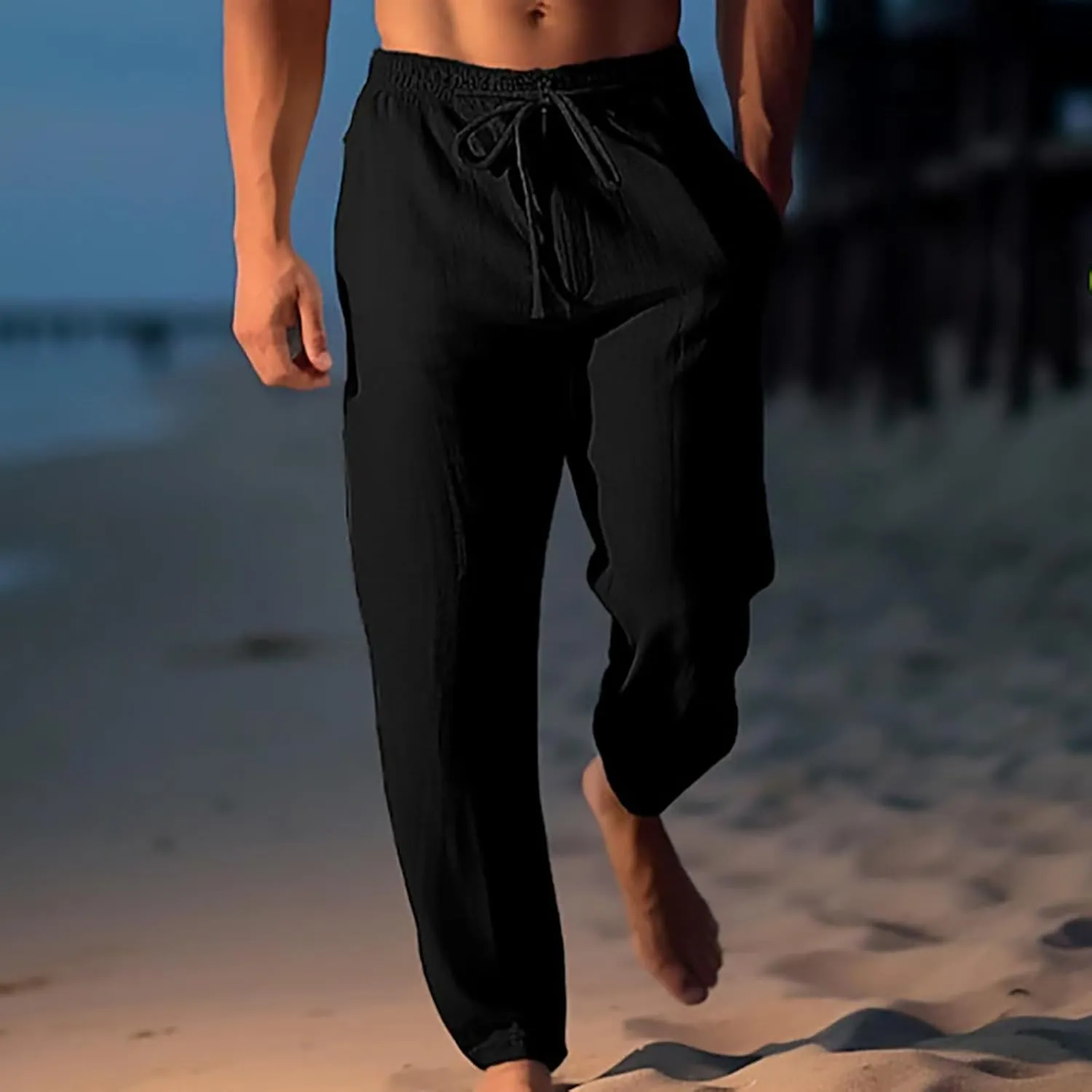 Finelylove Mens Linen Pants Casual Beach Yoga Pants Loose Fit Elastic Waist Straight Leg Solid Trousers with Pockets