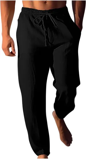 Finelylove Mens Linen Pants Casual Beach Yoga Pants Loose Fit Elastic Waist Straight Leg Solid Trousers with Pockets