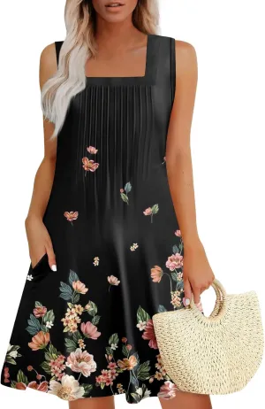 FlekmanArt Womens Summer Dresses Flowy Sleeveless Mini Dress Beach Casual Sundresses Prited Tshirt Tank Dresses with Pockets
