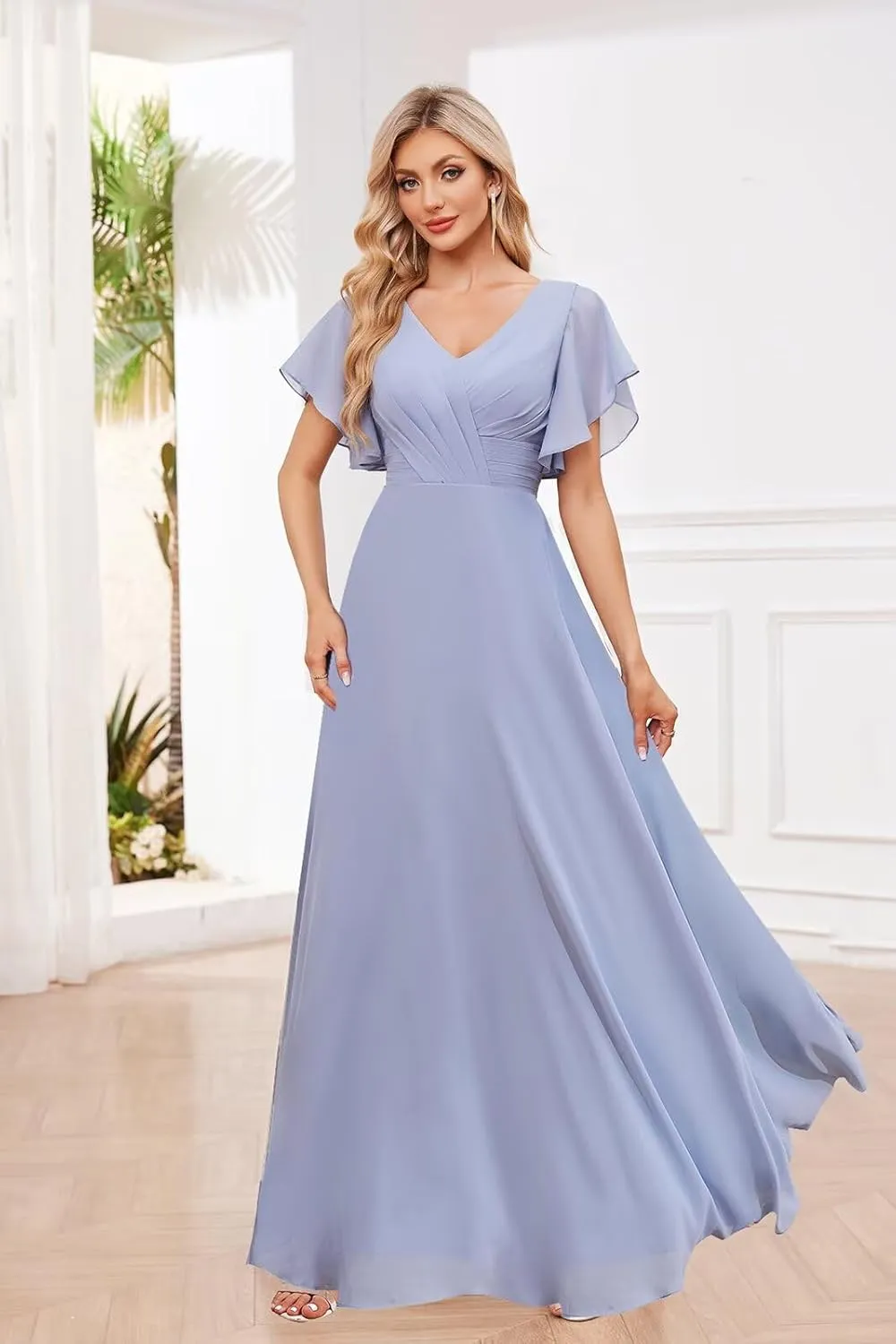 Flutter Sleeves Chiffon Bridesmaid Dresses Long with Pockets A-Line V Neck Formal Wedding Guest Dresses for Women