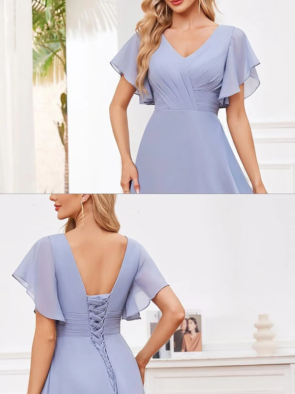 Flutter Sleeves Chiffon Bridesmaid Dresses Long with Pockets A-Line V Neck Formal Wedding Guest Dresses for Women