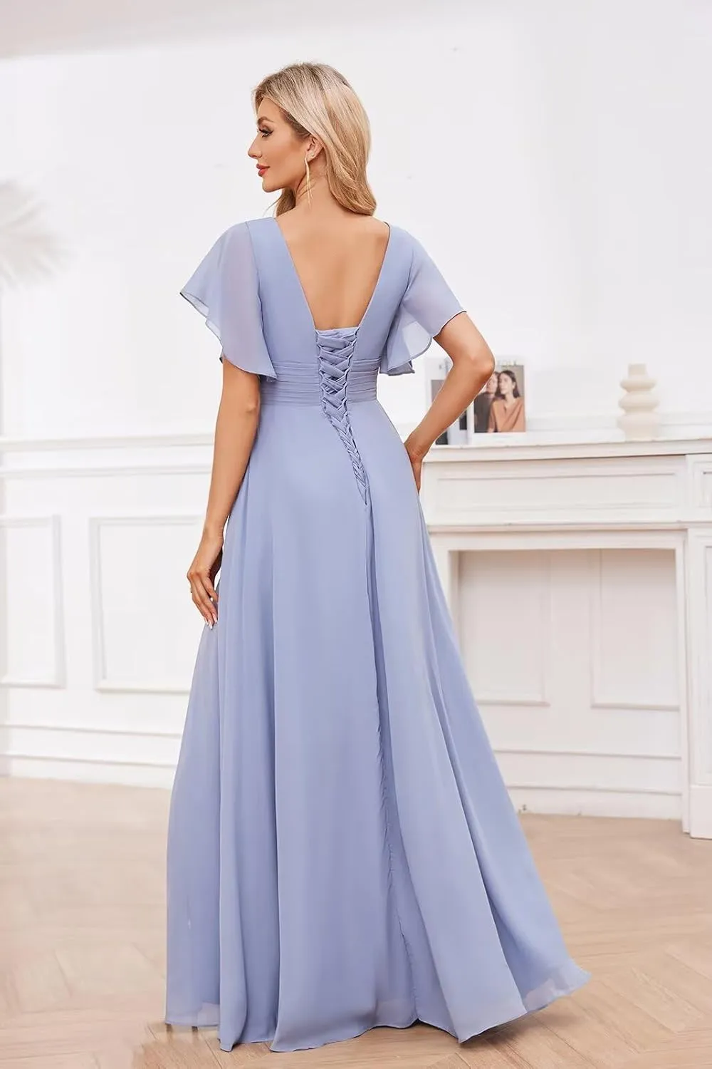 Flutter Sleeves Chiffon Bridesmaid Dresses Long with Pockets A-Line V Neck Formal Wedding Guest Dresses for Women