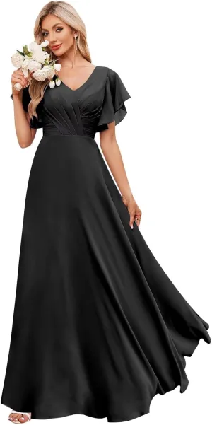 Flutter Sleeves Chiffon Bridesmaid Dresses Long with Pockets A-Line V Neck Formal Wedding Guest Dresses for Women