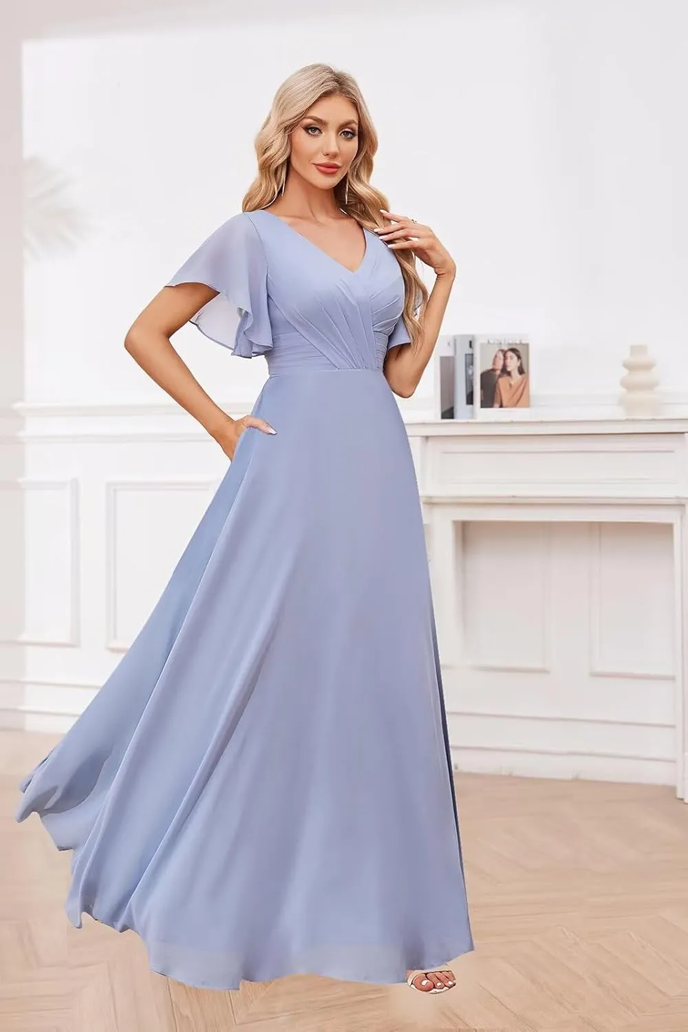 Flutter Sleeves Chiffon Bridesmaid Dresses Long with Pockets A-Line V Neck Formal Wedding Guest Dresses for Women