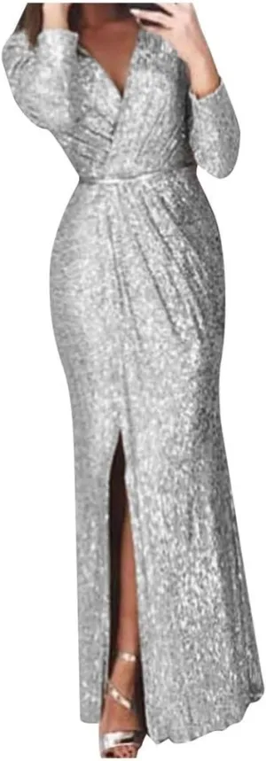 Formal Dresses for Women 2024 Sequin V Neck Ruched Slit Bodycon Long Dress Sparkly Evening Party Gala Dresses