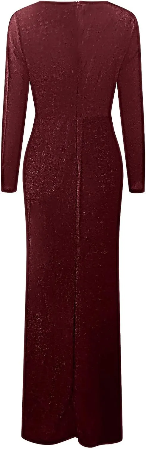 Formal Dresses for Women 2024 Sequin V Neck Ruched Slit Bodycon Long Dress Sparkly Evening Party Gala Dresses