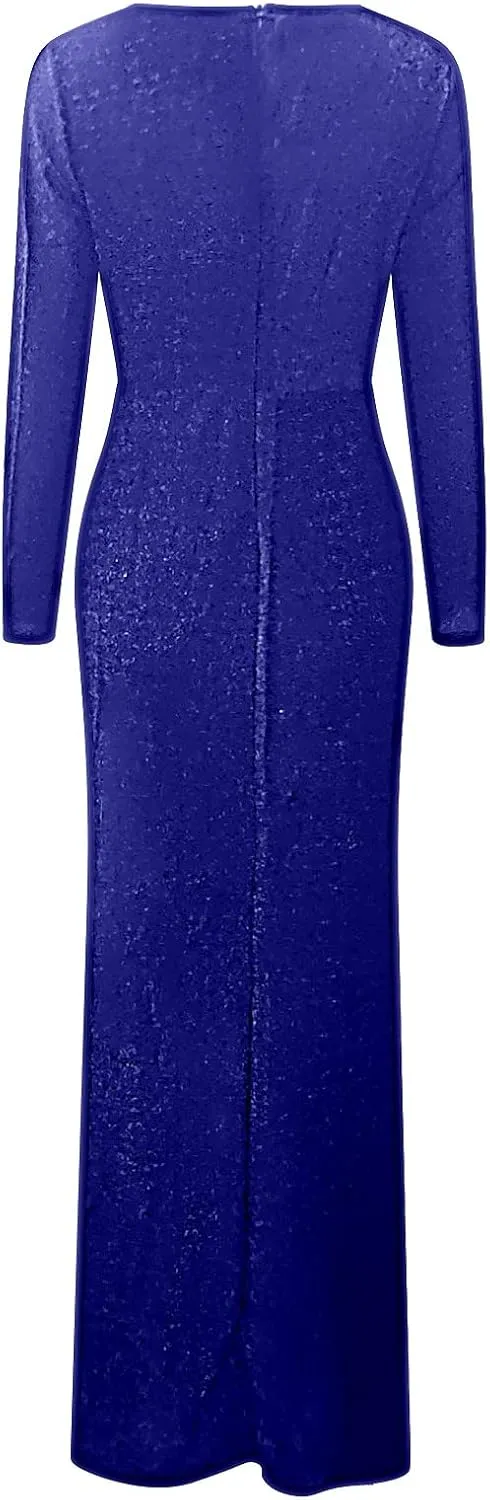 Formal Dresses for Women 2024 Sequin V Neck Ruched Slit Bodycon Long Dress Sparkly Evening Party Gala Dresses