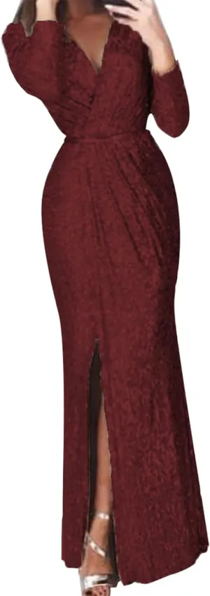 Formal Dresses for Women 2024 Sequin V Neck Ruched Slit Bodycon Long Dress Sparkly Evening Party Gala Dresses