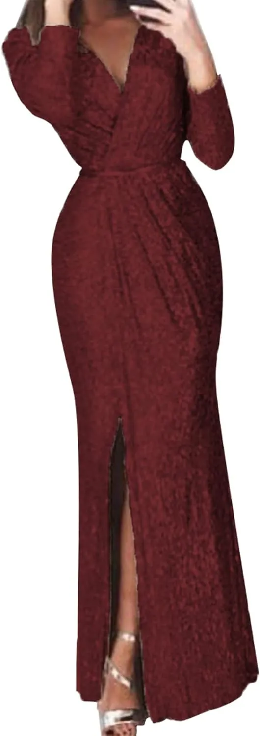 Formal Dresses for Women 2024 Sequin V Neck Ruched Slit Bodycon Long Dress Sparkly Evening Party Gala Dresses