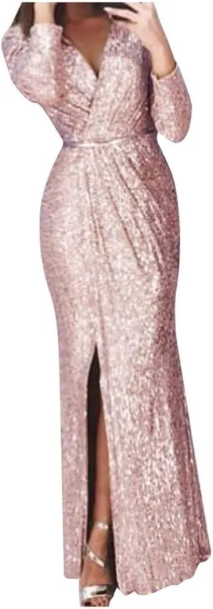 Formal Dresses for Women 2024 Sequin V Neck Ruched Slit Bodycon Long Dress Sparkly Evening Party Gala Dresses