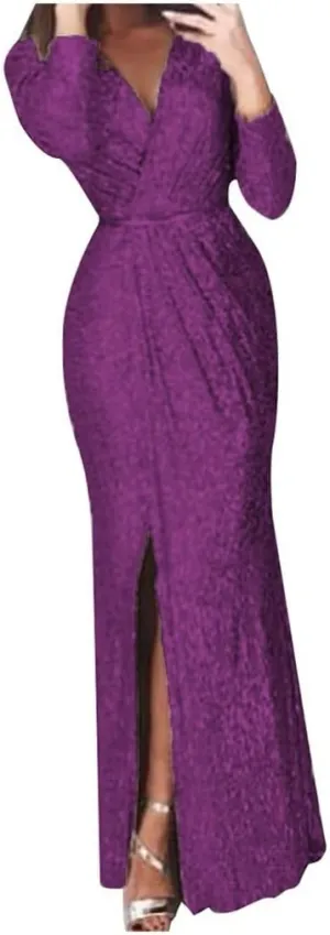Formal Dresses for Women 2024 Sequin V Neck Ruched Slit Bodycon Long Dress Sparkly Evening Party Gala Dresses