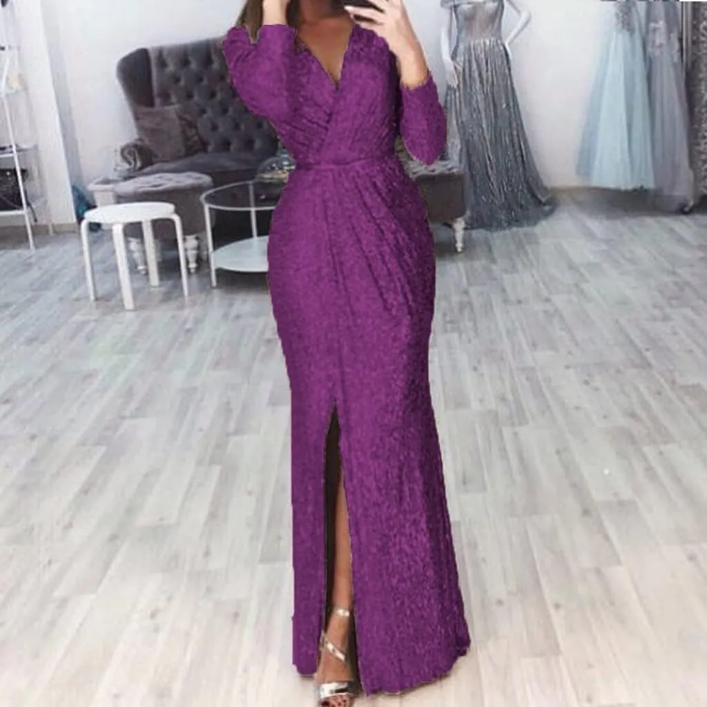 Formal Dresses for Women 2024 Sequin V Neck Ruched Slit Bodycon Long Dress Sparkly Evening Party Gala Dresses