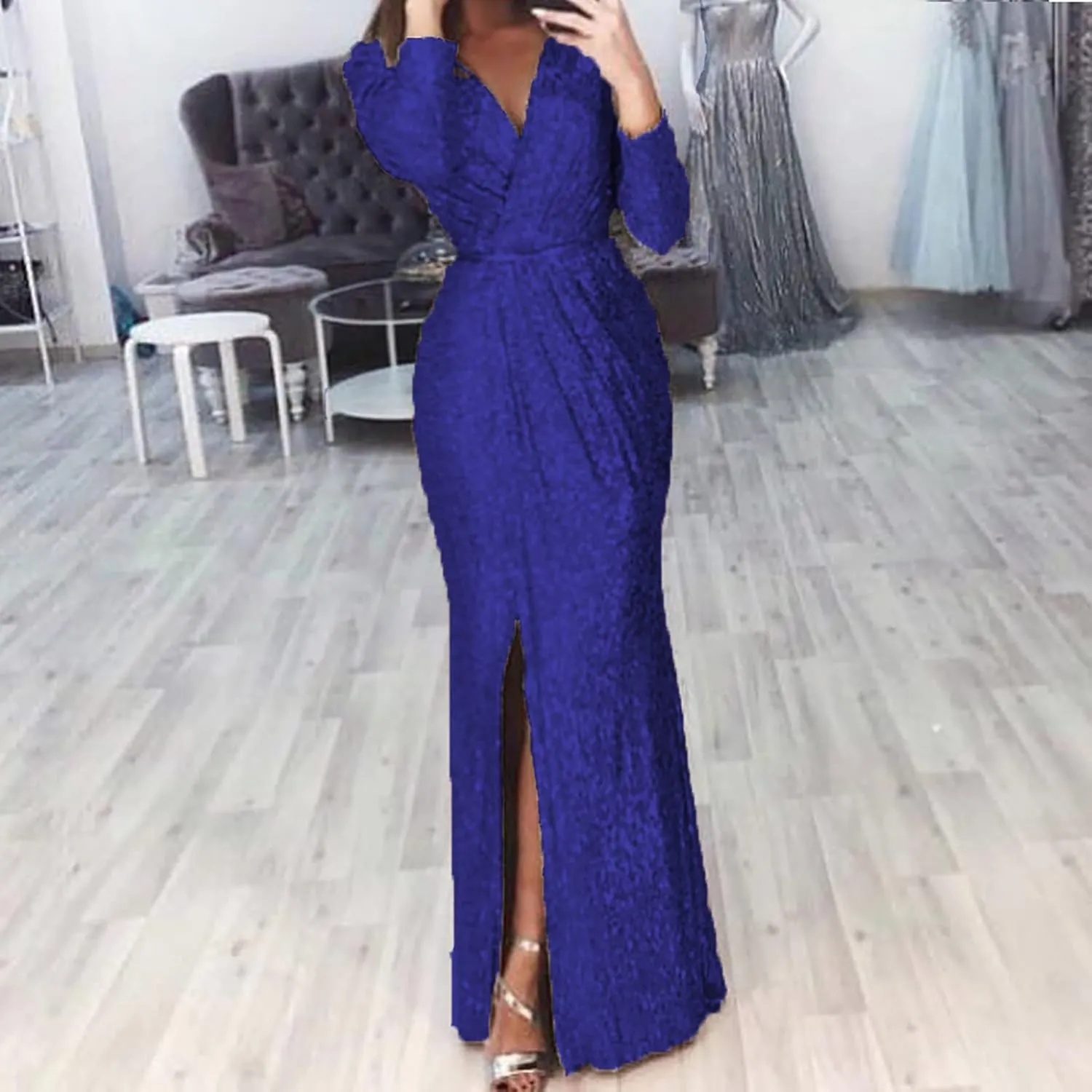 Formal Dresses for Women 2024 Sequin V Neck Ruched Slit Bodycon Long Dress Sparkly Evening Party Gala Dresses